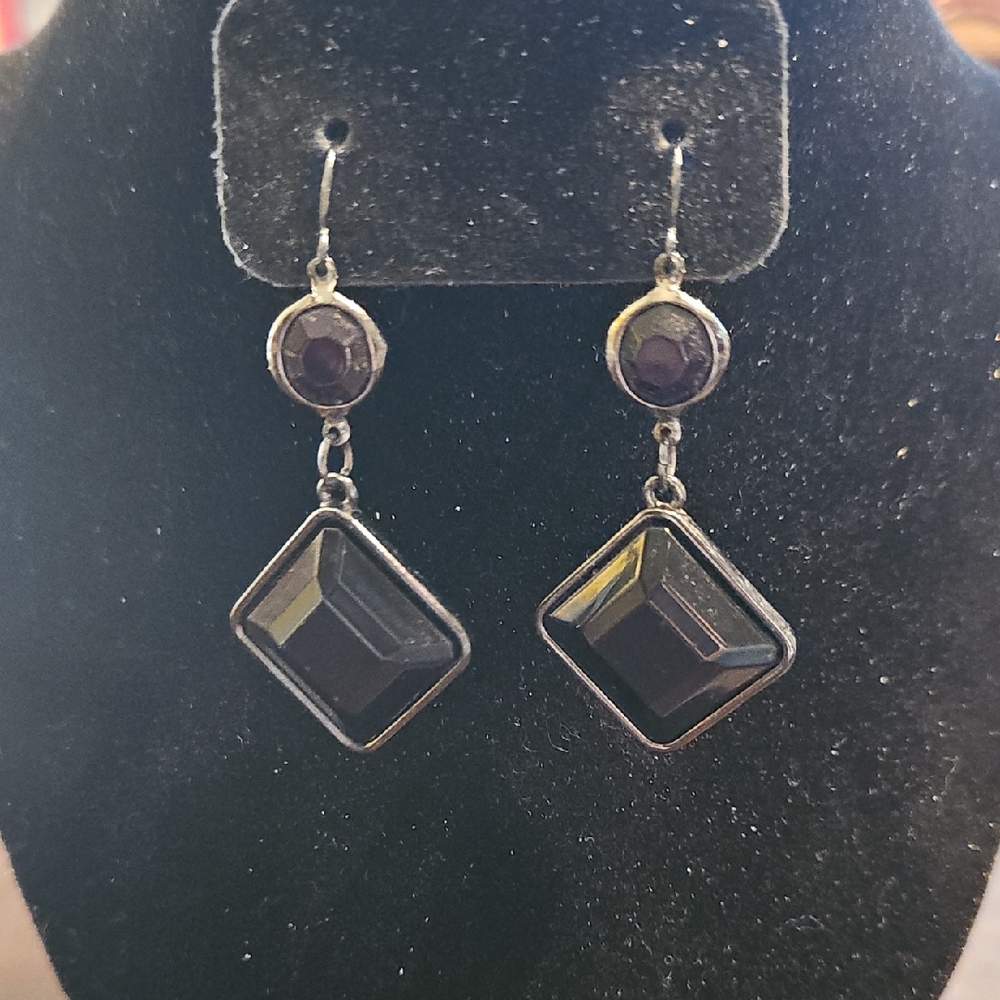 Black Crystal Drop Earrings - Women Jewelry Silver Cocktail Formal Prom - Picture 1 of 4